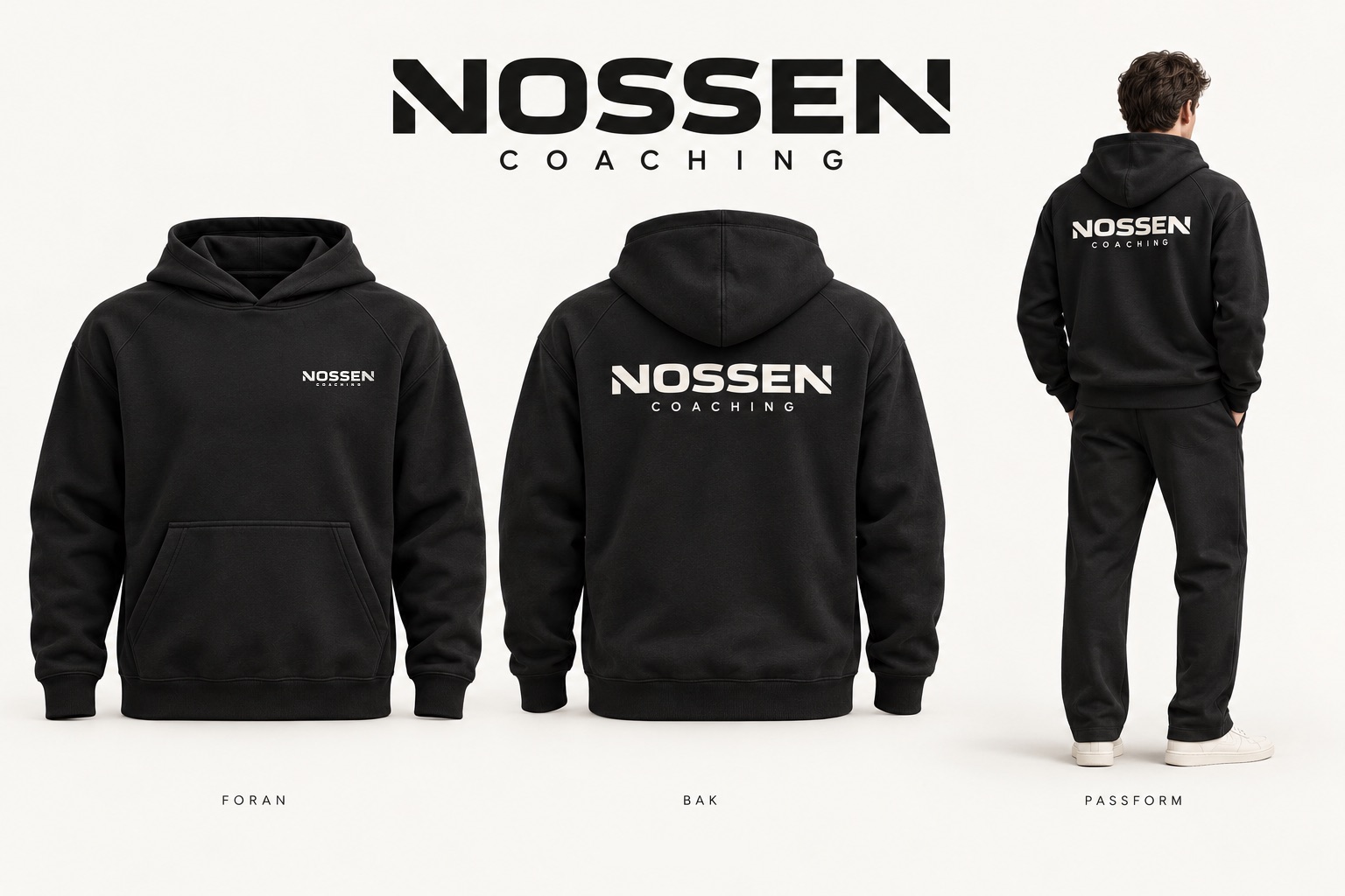 Designutkast av svart hoodie i tre utsnitt: forfra med liten NOSSEN COACHING-logo på venstre bryst, bakfra med stor logo på ryggen, og på en modell sett bakfra sammen med svart straight leg-bukse i full lengde.