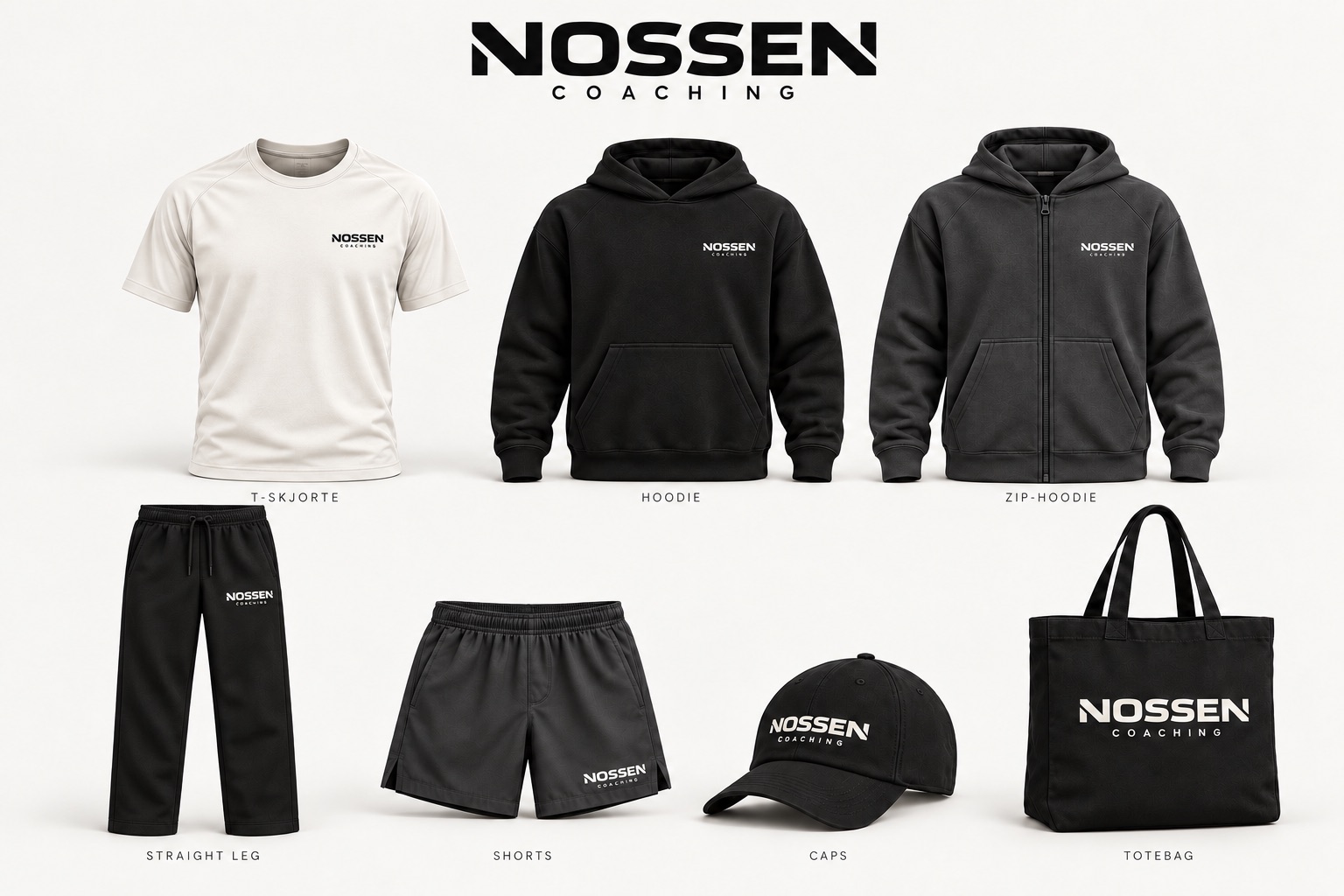 Designutkast av Nossen Studios-kolleksjonen: offwhite t-skjorte, svart hoodie og koksgrå zip-hoodie øverst, svart straight leg-bukse, koksgrå shorts, svart caps og svart totebag nederst, alle med NOSSEN COACHING-logoen.